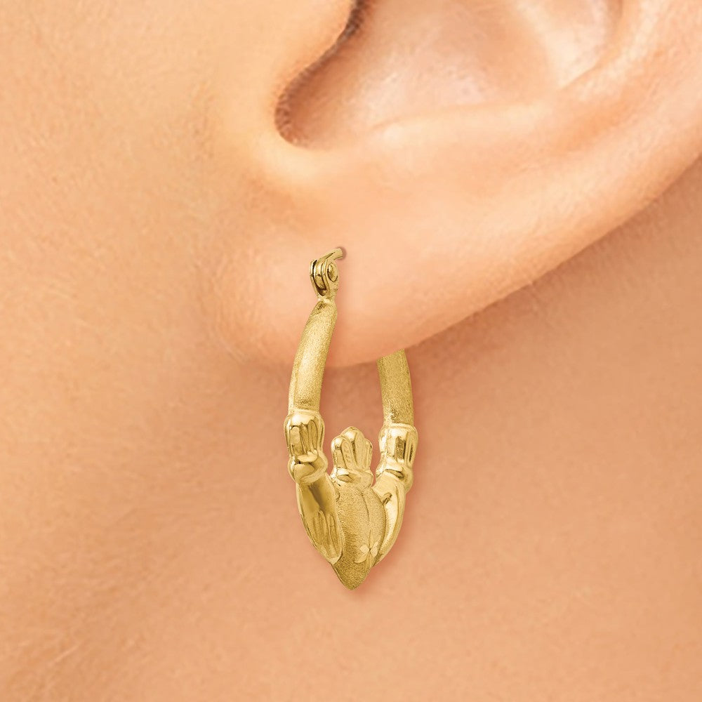 Alternate view of the Polished and Satin Claddagh Hoop Earrings in 14k Yellow Gold, 20mm by The Black Bow Jewelry Co.