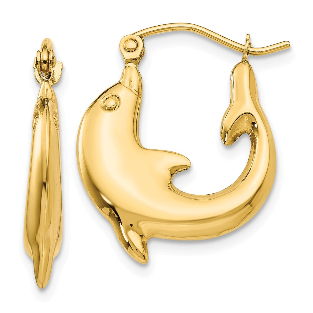 Polished Dolphin Hoop Earrings in 14k Yellow Gold, 20mm, Item E9530 by The Black Bow Jewelry Co.