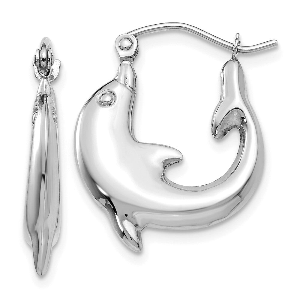 Polished Dolphin Hoop Earrings in 14k White Gold, 20mm, Item E9531 by The Black Bow Jewelry Co.