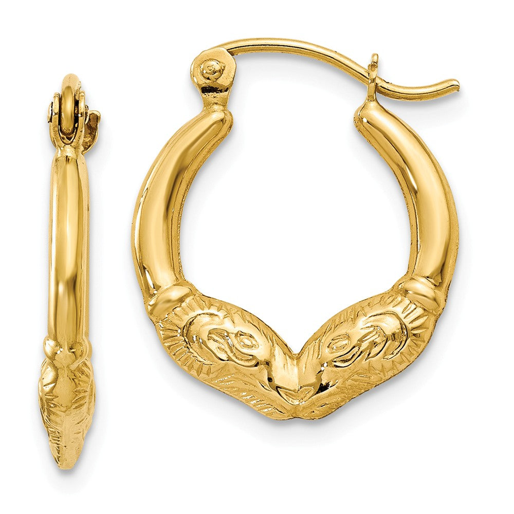 Double Headed Ram Hoop Earrings in 14k Yellow Gold, 15mm, Item E9535 by The Black Bow Jewelry Co.