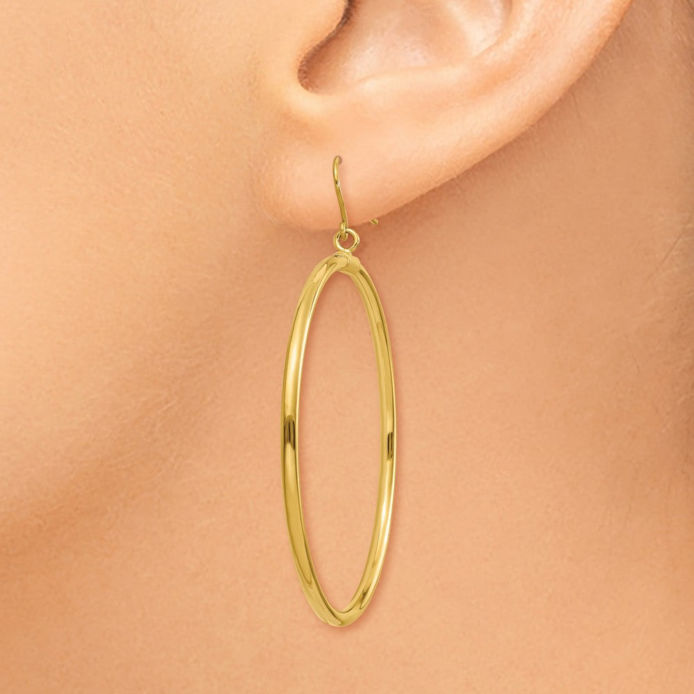 Alternate view of the 2mm, 14k Yellow Gold, Extra Large Tube Hoop Dangle Earrings, 45mm by The Black Bow Jewelry Co.