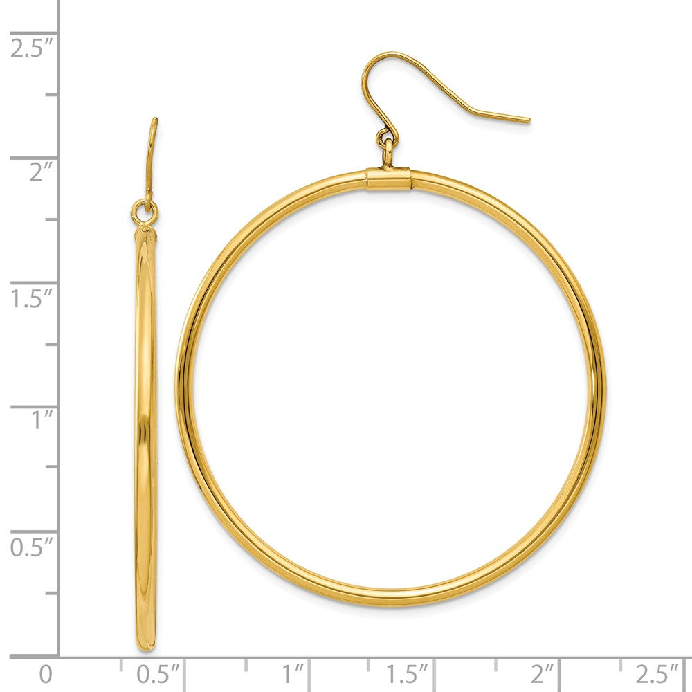Alternate view of the 2mm, 14k Yellow Gold, Extra Large Tube Hoop Dangle Earrings, 45mm by The Black Bow Jewelry Co.