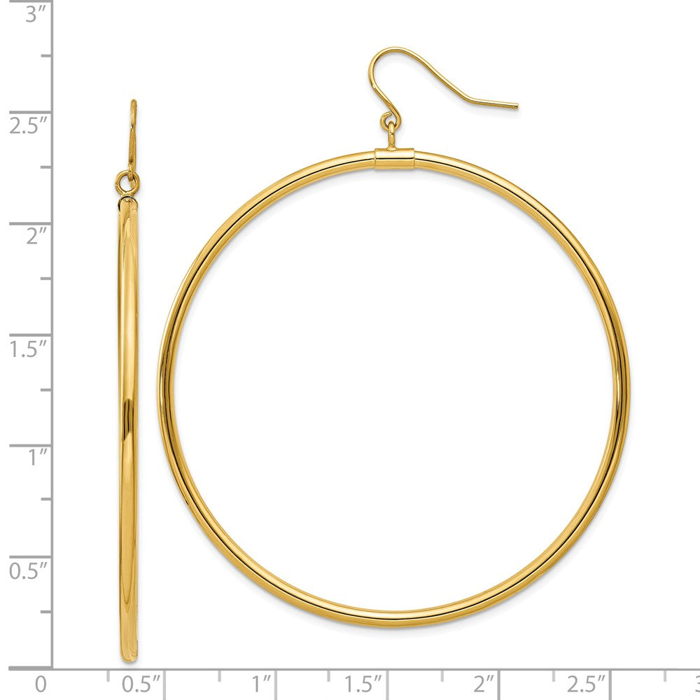 Alternate view of the 2mm, 14k Yellow Gold, Extra Large Tube Hoop Dangle Earrings, 55mm by The Black Bow Jewelry Co.