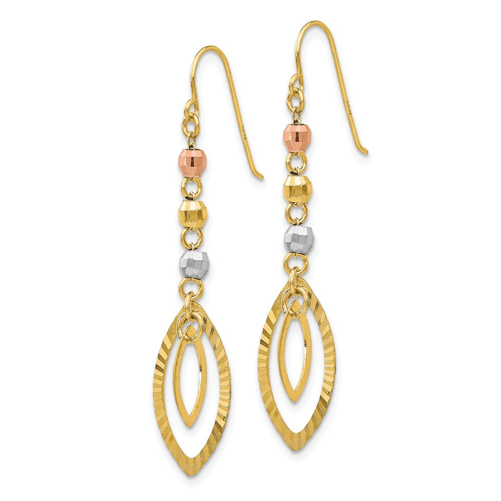 Alternate view of the Tri-Color Bead and Marquise Shaped Dangle Earrings in 14k Gold by The Black Bow Jewelry Co.