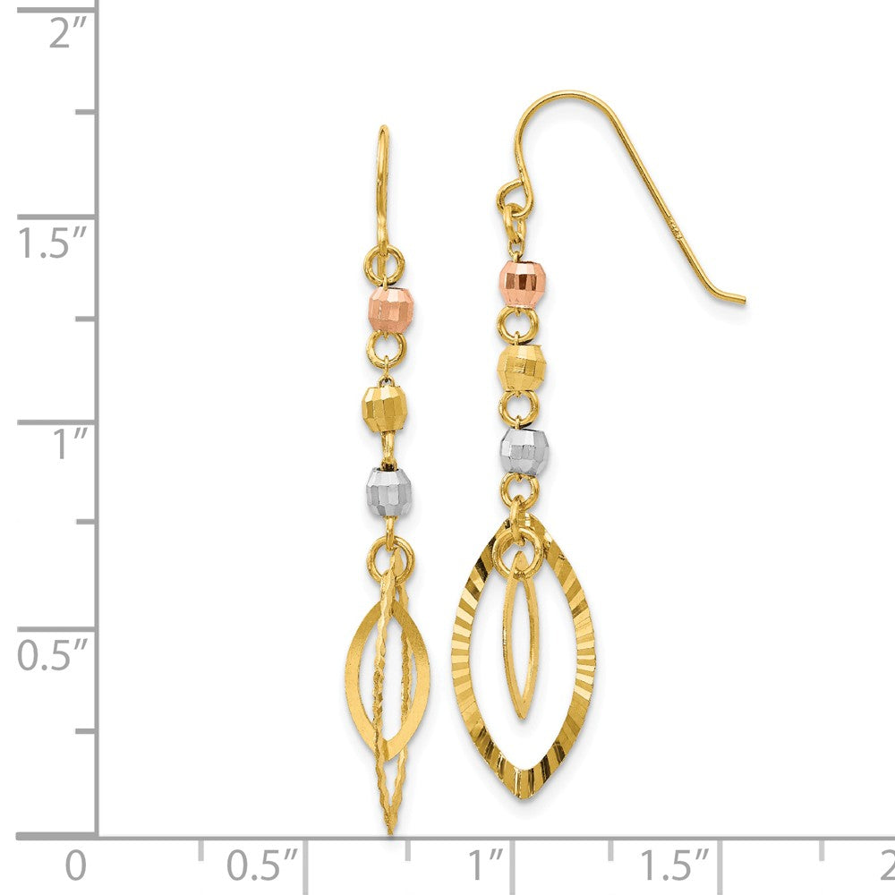 Alternate view of the Tri-Color Bead and Marquise Shaped Dangle Earrings in 14k Gold by The Black Bow Jewelry Co.