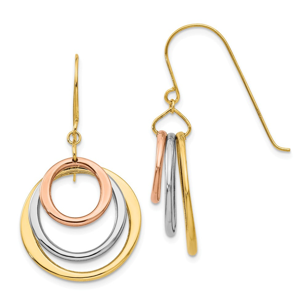 Tri-color Triple Circle Dangle Earrings in 14k Gold, Item E9599 by The Black Bow Jewelry Co.