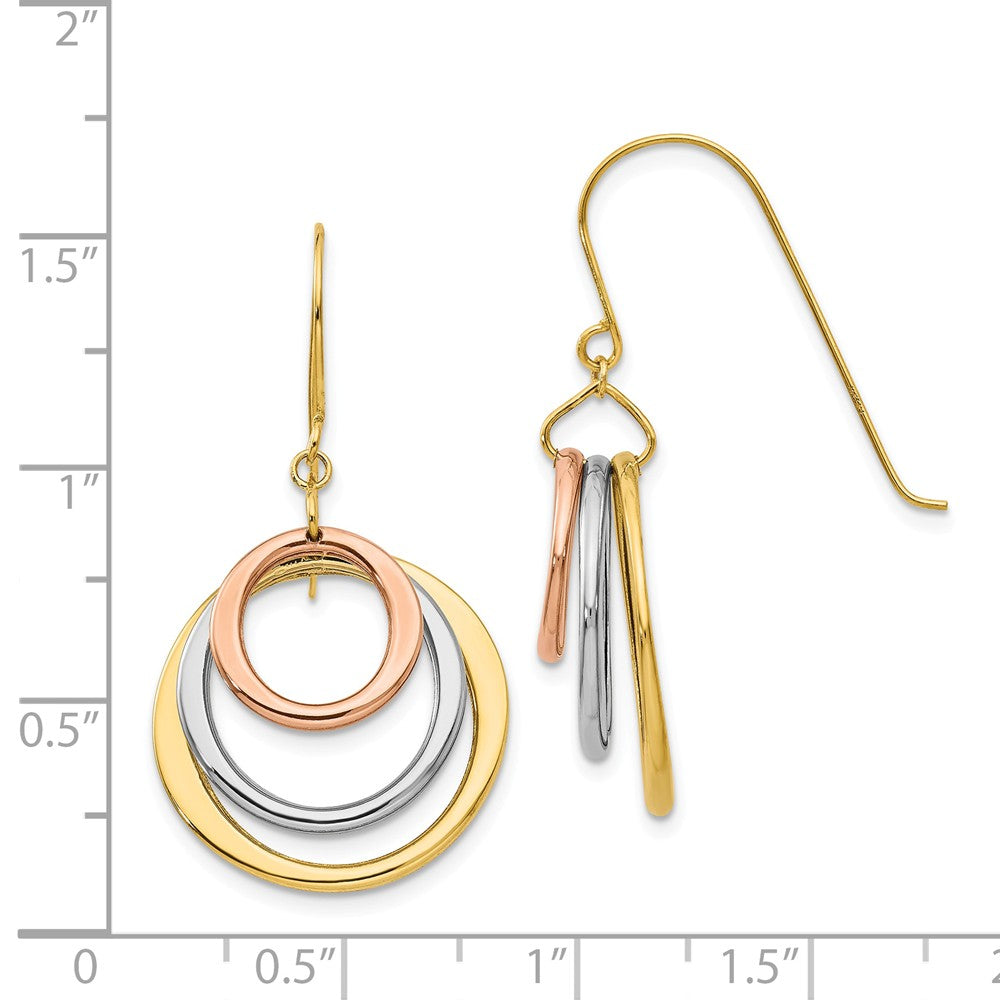 Alternate view of the Tri-color Triple Circle Dangle Earrings in 14k Gold by The Black Bow Jewelry Co.