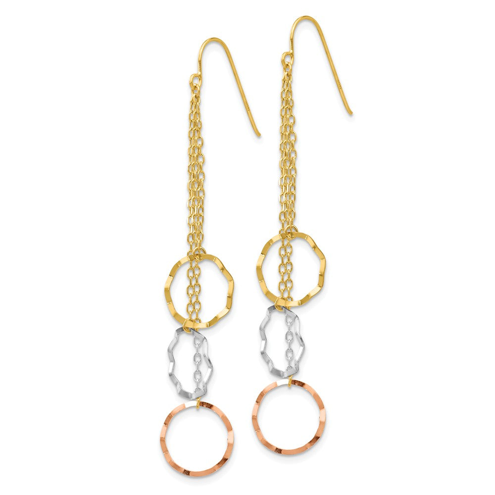 Alternate view of the Tri-Color Faceted Circles Chain Dangle Earrings in 14k Gold by The Black Bow Jewelry Co.