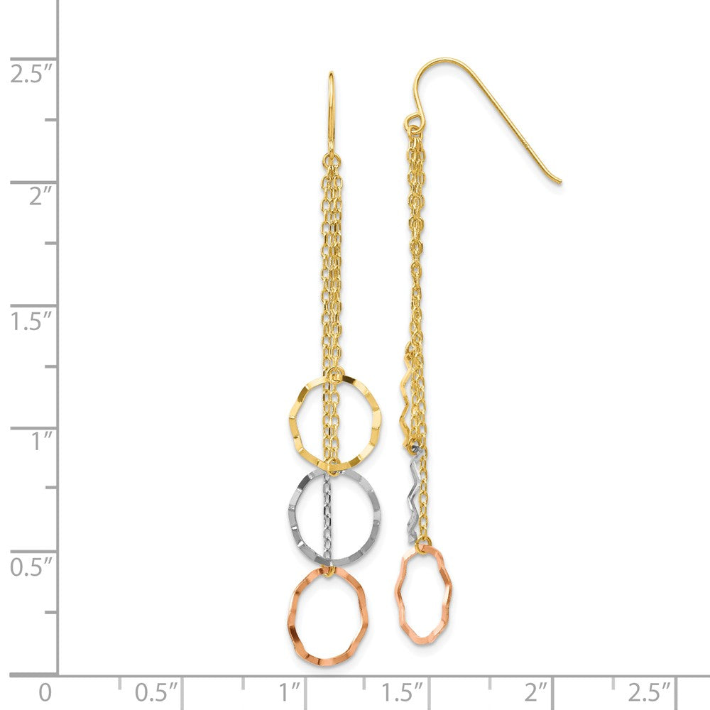 Alternate view of the Tri-Color Faceted Circles Chain Dangle Earrings in 14k Gold by The Black Bow Jewelry Co.