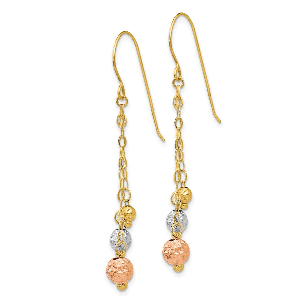 Alternate view of the 14k Tri-color Gold 3-Strand Bead and Chain Dangle Earrings by The Black Bow Jewelry Co.
