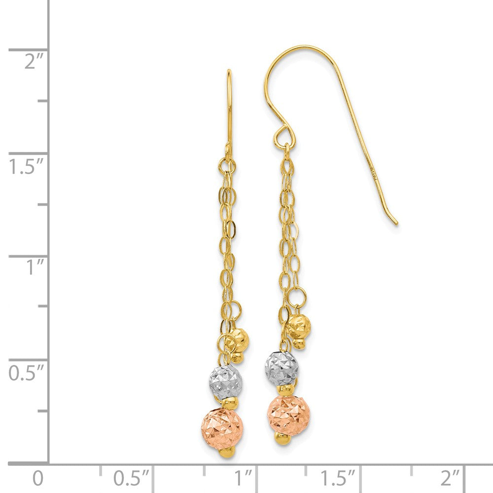 Alternate view of the 14k Tri-color Gold 3-Strand Bead and Chain Dangle Earrings by The Black Bow Jewelry Co.
