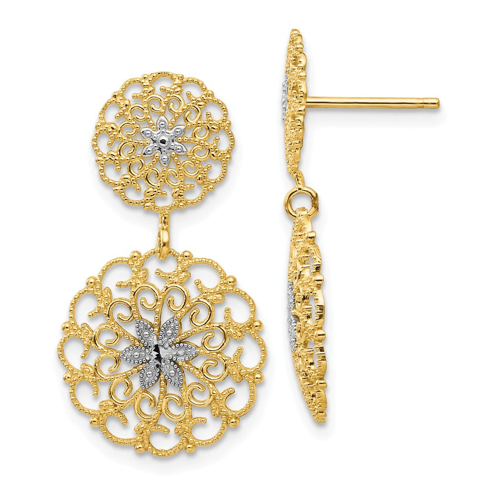 Filigree Medallion Drop Earrings in 14k Yellow Gold and Rhodium, Item E9655 by The Black Bow Jewelry Co.