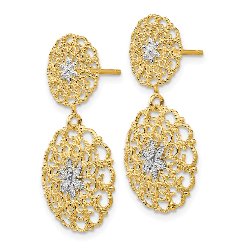 Alternate view of the Filigree Medallion Drop Earrings in 14k Yellow Gold and Rhodium by The Black Bow Jewelry Co.