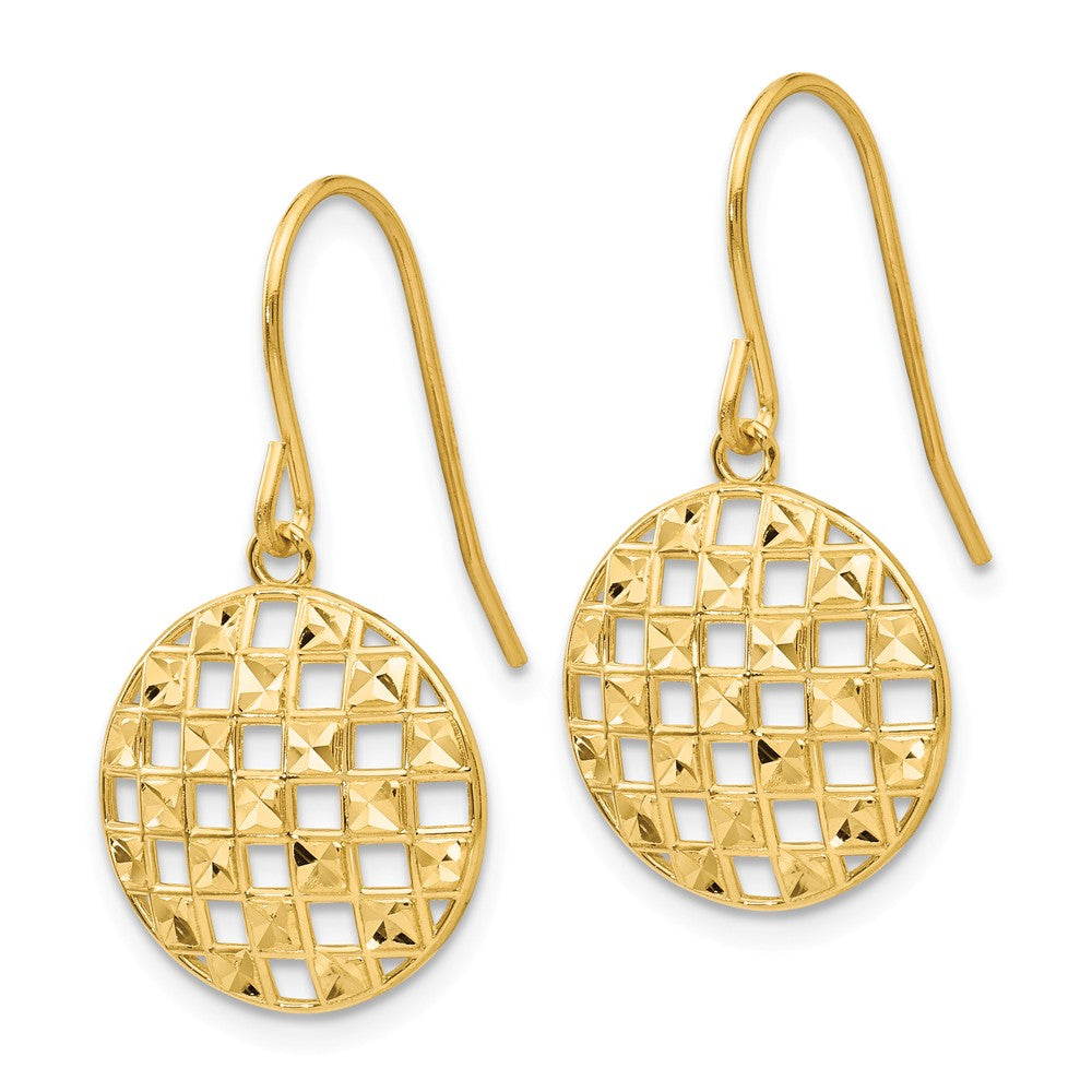 Alternate view of the Circle Cut Out Drop Earrings in 14k Yellow Gold by The Black Bow Jewelry Co.