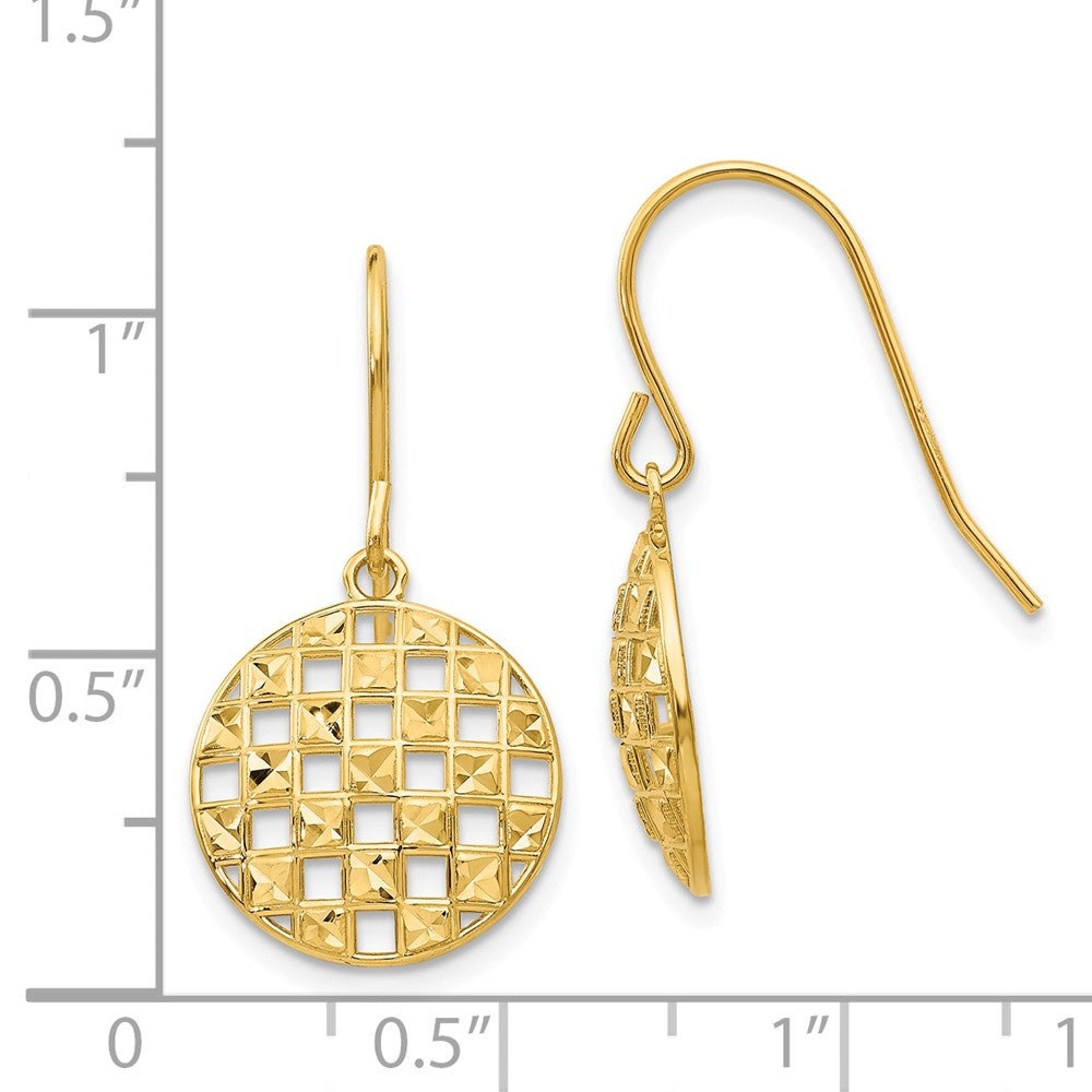 Alternate view of the Circle Cut Out Drop Earrings in 14k Yellow Gold by The Black Bow Jewelry Co.