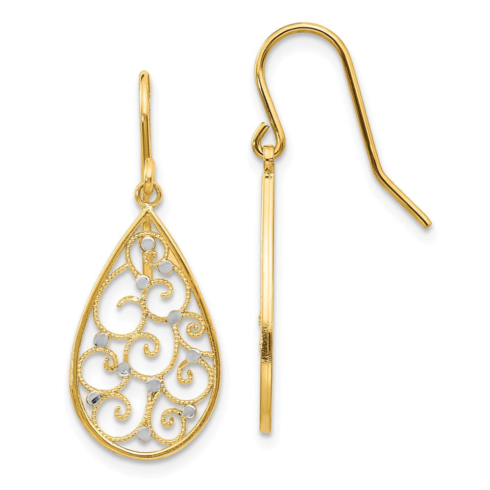 Open Scroll Teardrop Earrings in 14k Yellow Gold and Rhodium, Item E9681 by The Black Bow Jewelry Co.