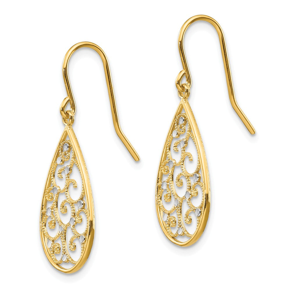 Alternate view of the Open Scroll Teardrop Earrings in 14k Yellow Gold and Rhodium by The Black Bow Jewelry Co.
