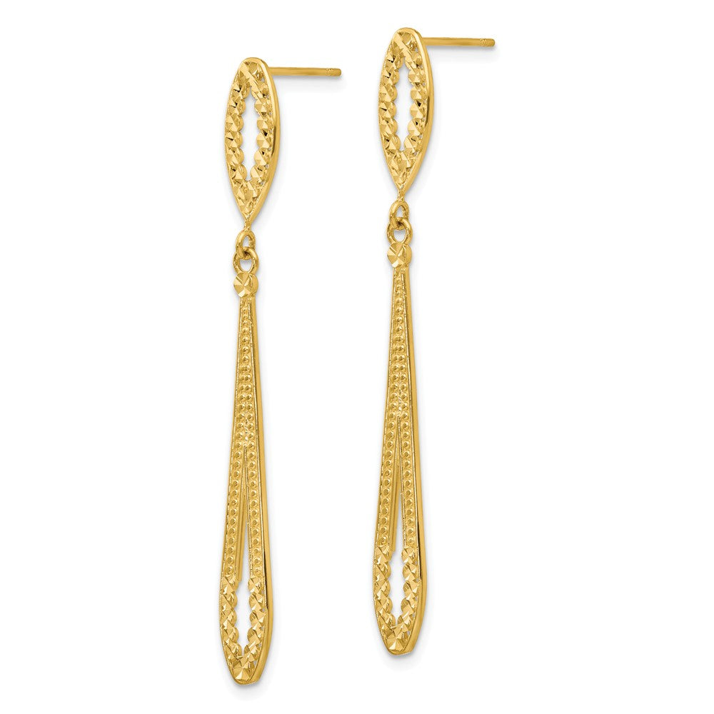Alternate view of the Long Textured and Diamond-cut Dangle Post Earrings in 14k Yellow Gold by The Black Bow Jewelry Co.