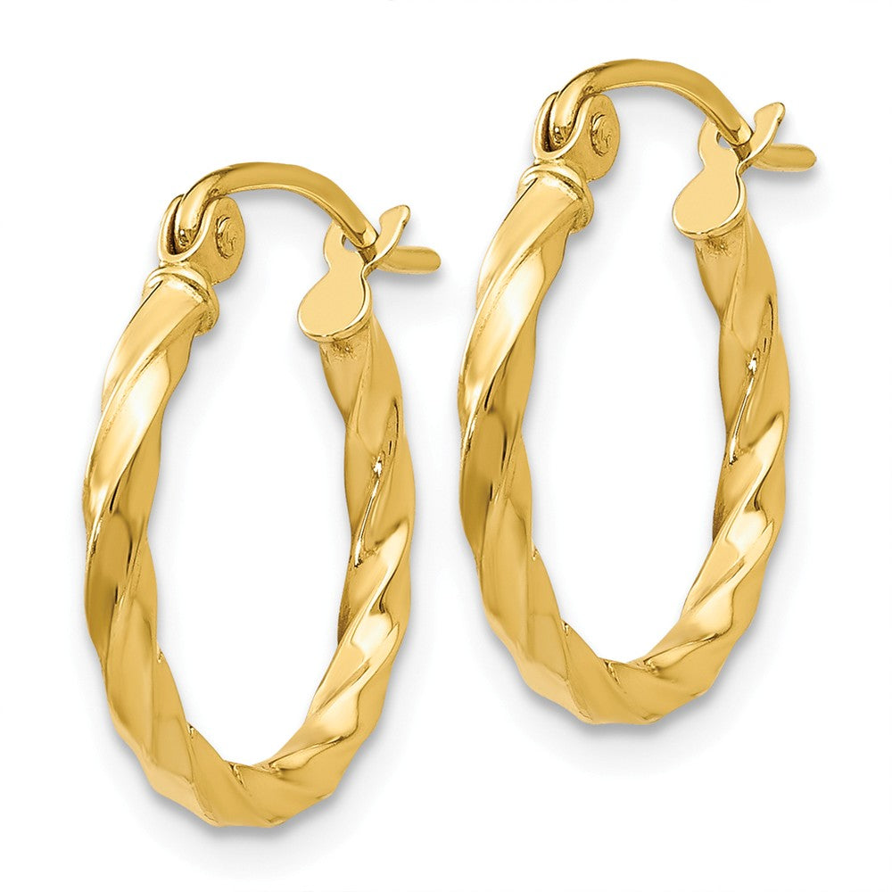 Alternate view of the 2mm, Twisted 14k Yellow Gold Round Hoop Earrings, 15mm (9/16 Inch) by The Black Bow Jewelry Co.