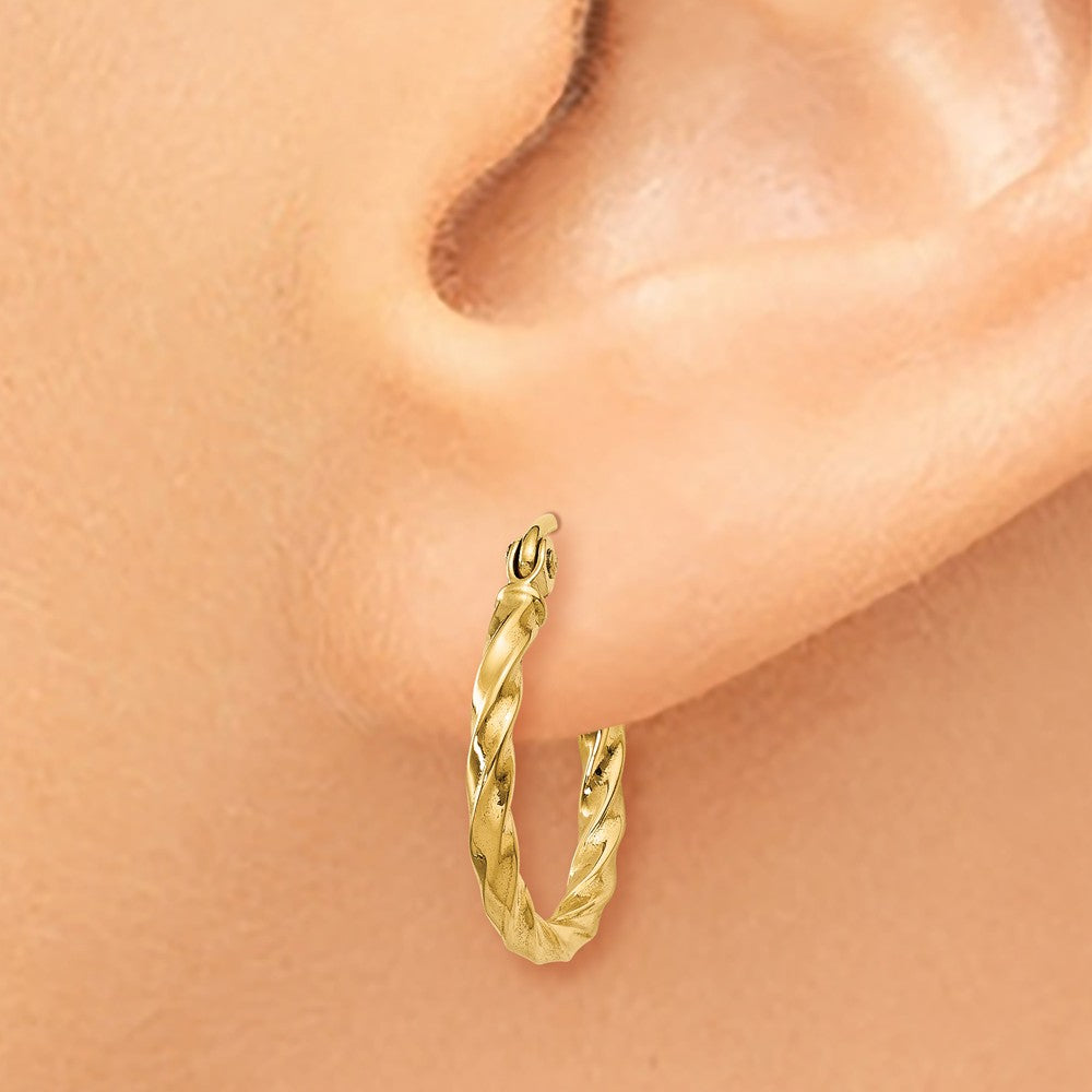Alternate view of the 2mm, Twisted 14k Yellow Gold Round Hoop Earrings, 15mm (9/16 Inch) by The Black Bow Jewelry Co.