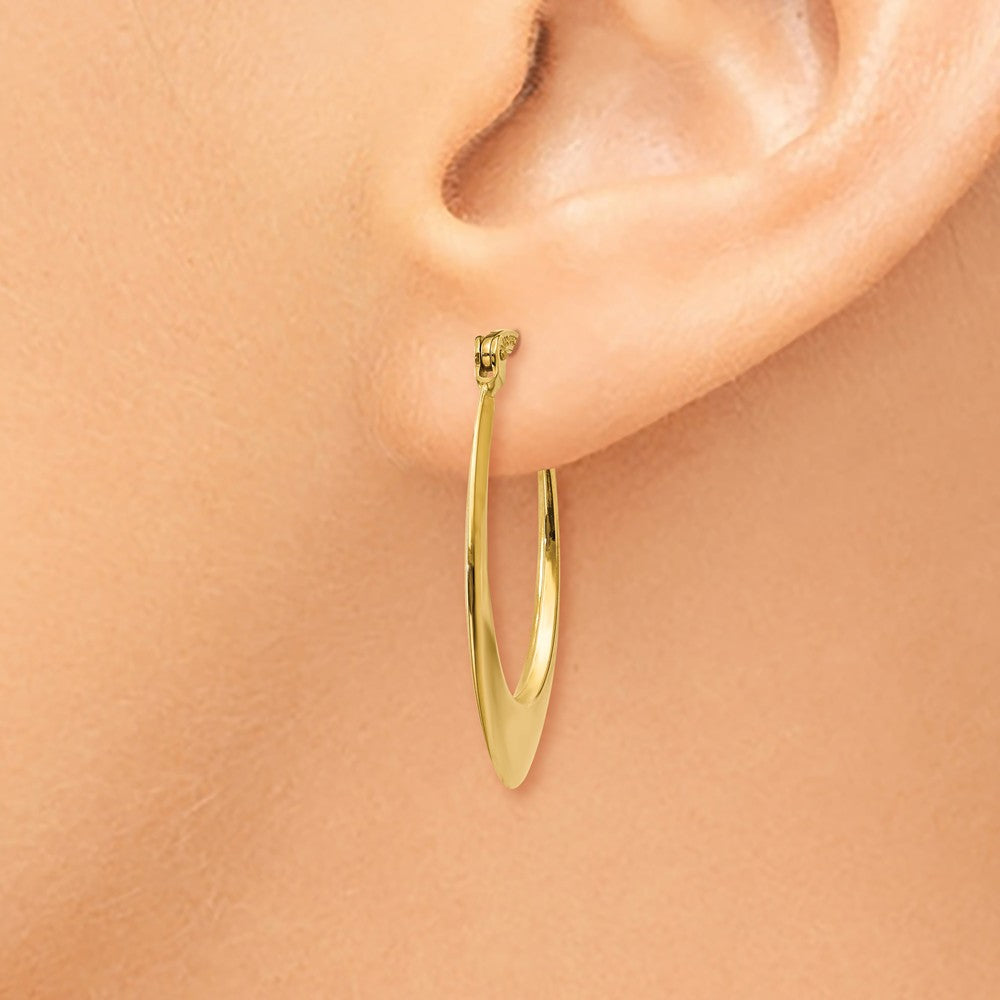 Alternate view of the 1mm, 14k Yellow Gold Tapered Oval Hoop Earrings, 25mm (1 Inch) by The Black Bow Jewelry Co.