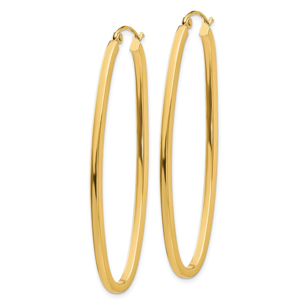 Alternate view of the 2mm, 14k Yellow Gold Square Tube Oval Hoop Earrings, 50mm (1 7/8 Inch) by The Black Bow Jewelry Co.