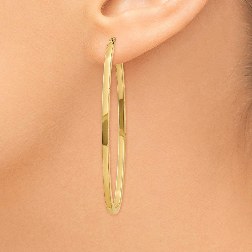 Alternate view of the 2mm, 14k Yellow Gold Square Tube Oval Hoop Earrings, 50mm (1 7/8 Inch) by The Black Bow Jewelry Co.