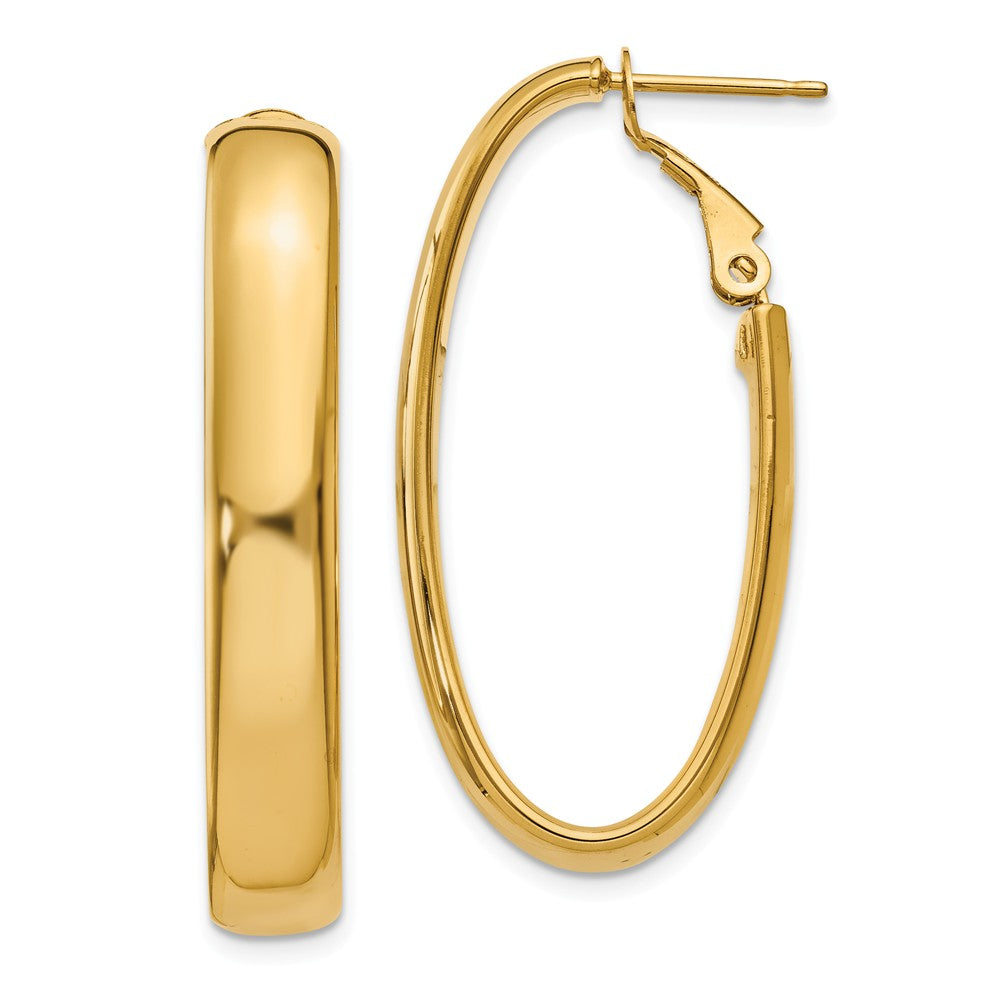 5.75mm, 14k Gold Omega Back Oval Hoop Earrings, 35mm (1 3/8 Inch), Item E9757 by The Black Bow Jewelry Co.