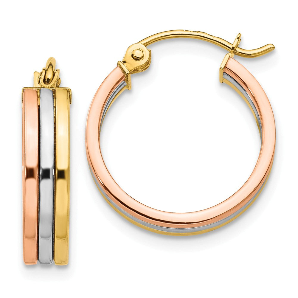 4mm, 14k Tri-Color Gold Striped Round Hoop Earrings, 15mm (9/16 Inch), Item E9833 by The Black Bow Jewelry Co.