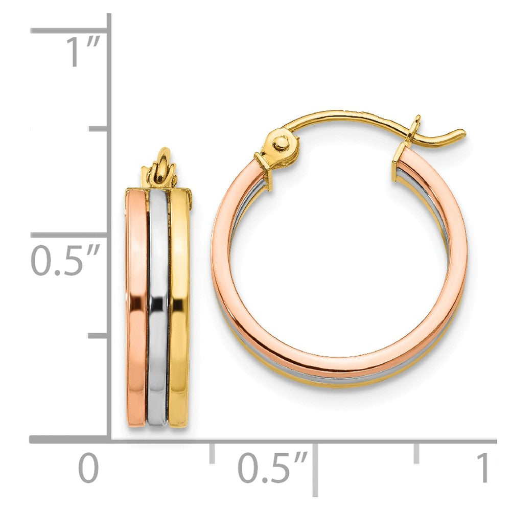 Alternate view of the 4mm, 14k Tri-Color Gold Striped Round Hoop Earrings, 15mm (9/16 Inch) by The Black Bow Jewelry Co.
