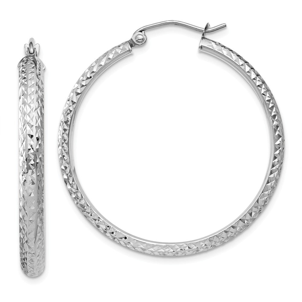 3.5mm, Diamond Cut 14k White Gold Round Hoop Earrings, 34mm, Item E9860 by The Black Bow Jewelry Co.