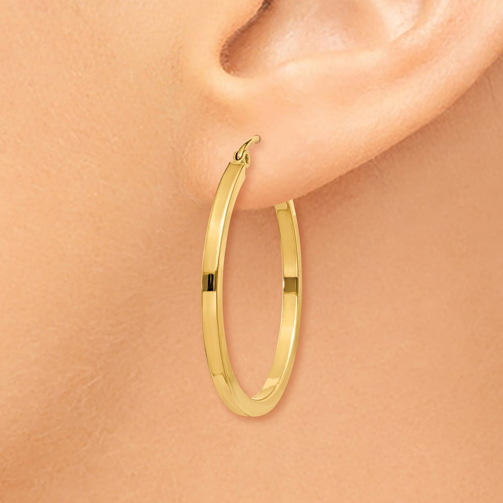 Alternate view of the 2mm, 14k Yellow Gold, Polished Square Tube Hoops, 30mm (1 1/8 Inch) by The Black Bow Jewelry Co.