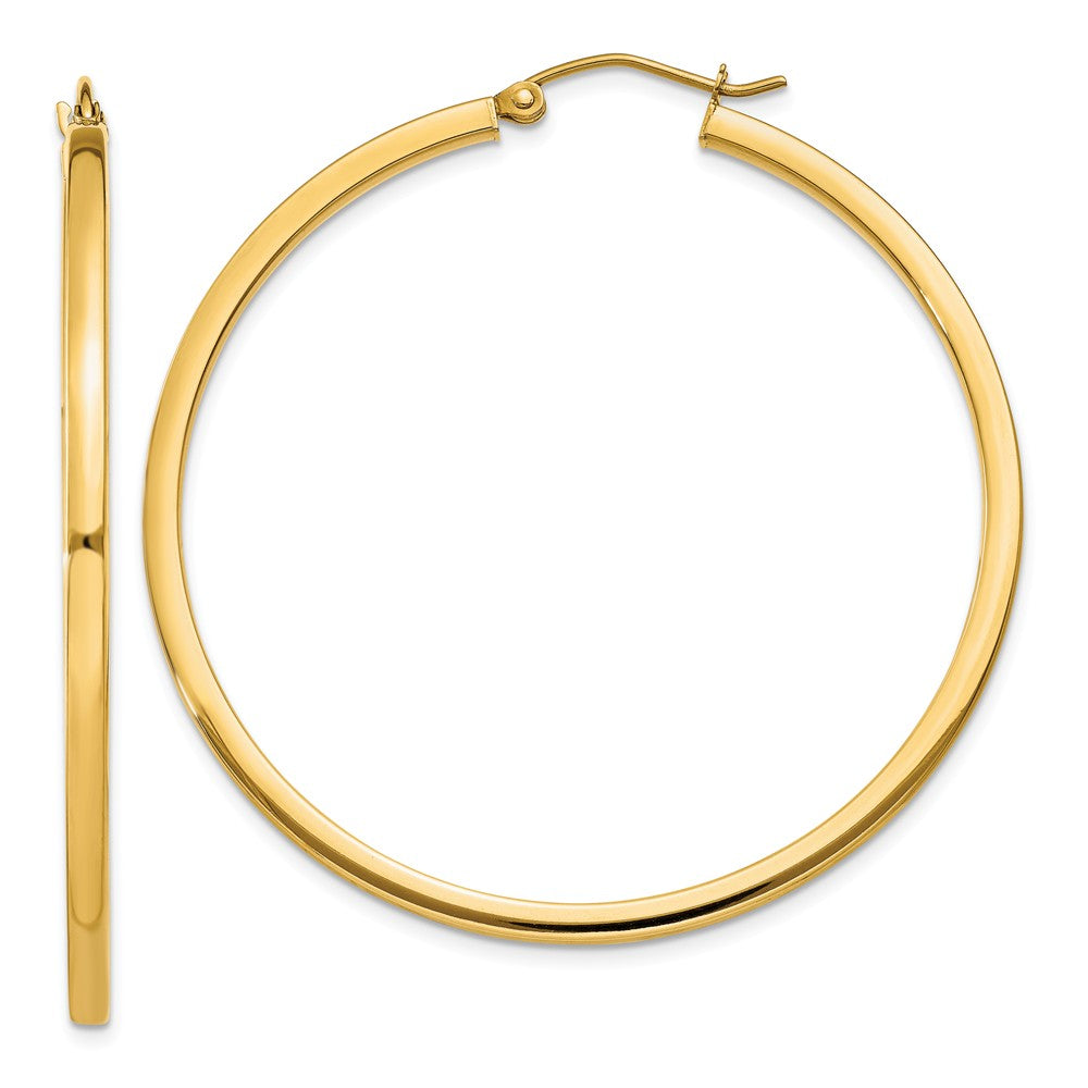 2mm, 14k Yellow Gold Square Tube Round Hoop Earrings, 45mm (1 3/4 In), Item E9876 by The Black Bow Jewelry Co.