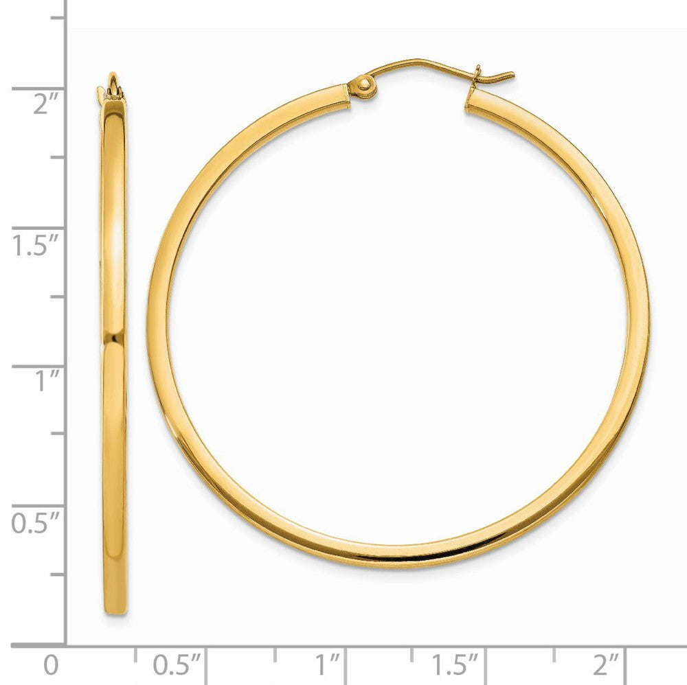 Alternate view of the 2mm, 14k Yellow Gold Square Tube Round Hoop Earrings, 45mm (1 3/4 In) by The Black Bow Jewelry Co.
