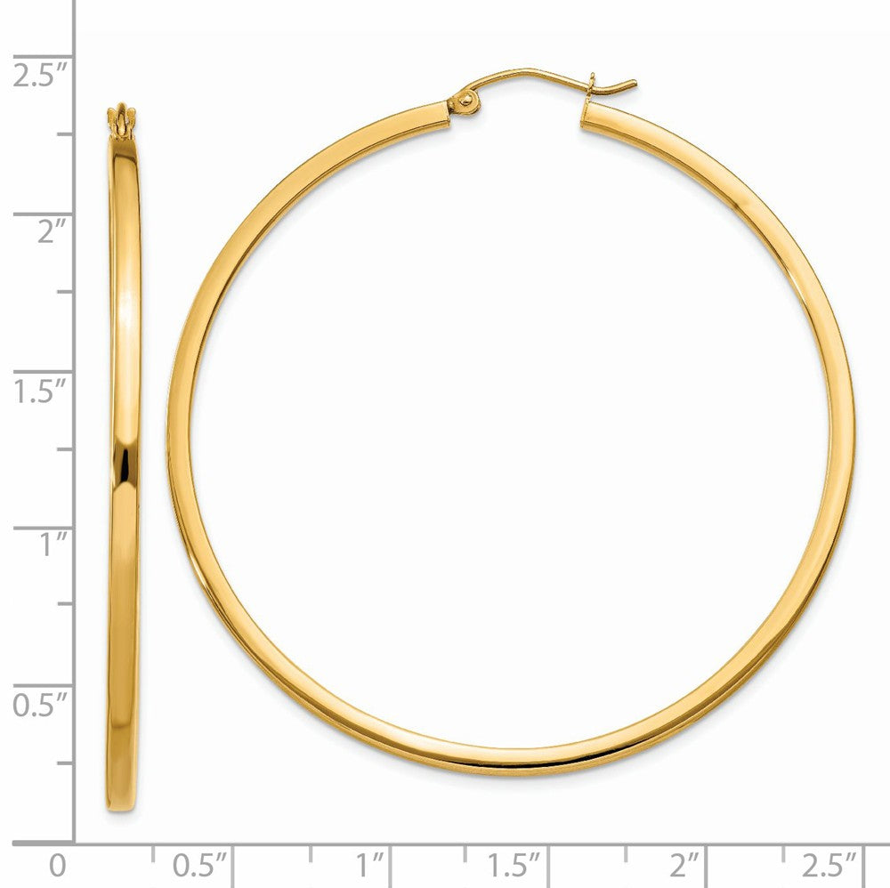 Alternate view of the 2mm, 14k Yellow Gold Square Tube Round Hoop Earrings, 55mm (2 1/8 In) by The Black Bow Jewelry Co.