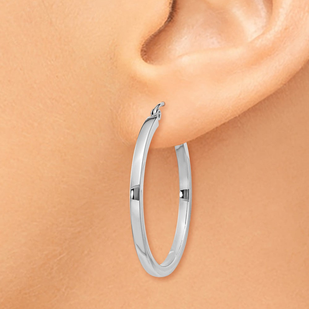 Alternate view of the 2mm, 14k White Gold, Polished Square Tube Hoops, 30mm (1 1/8 Inch) by The Black Bow Jewelry Co.