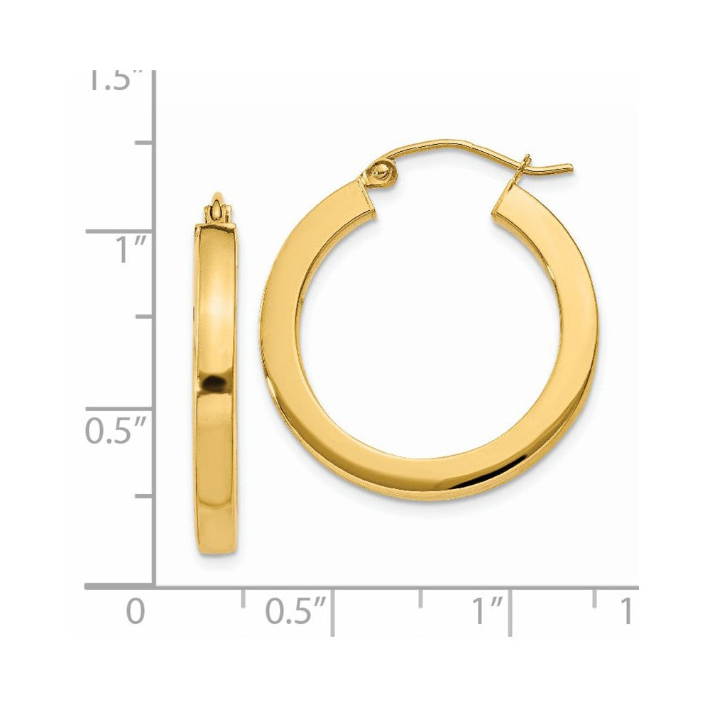 Alternate view of the 3mm, 14k Yellow Gold Square Tube Round Hoop Earrings, 25mm (1 Inch) by The Black Bow Jewelry Co.