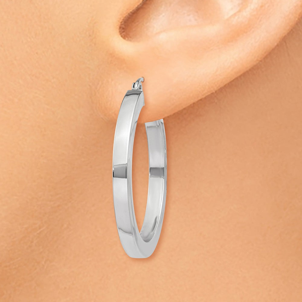 Alternate view of the 3mm, 14k White Gold Square Tube Round Hoop Earrings, 30mm (1 1/8 Inch) by The Black Bow Jewelry Co.