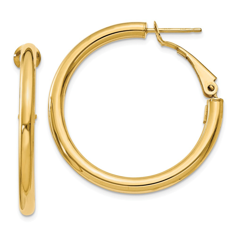 3mm, 14k Yellow Gold Omega Back Round Hoop Earrings, 30mm (1 1/8 Inch), Item E9913 by The Black Bow Jewelry Co.