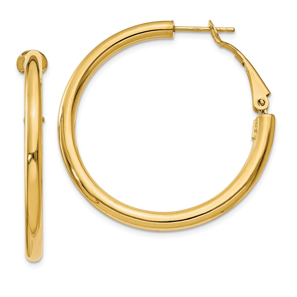 3mm, 14k Yellow Gold Omega Back Round Hoop Earrings, 35mm (1 3/8 Inch), Item E9914 by The Black Bow Jewelry Co.