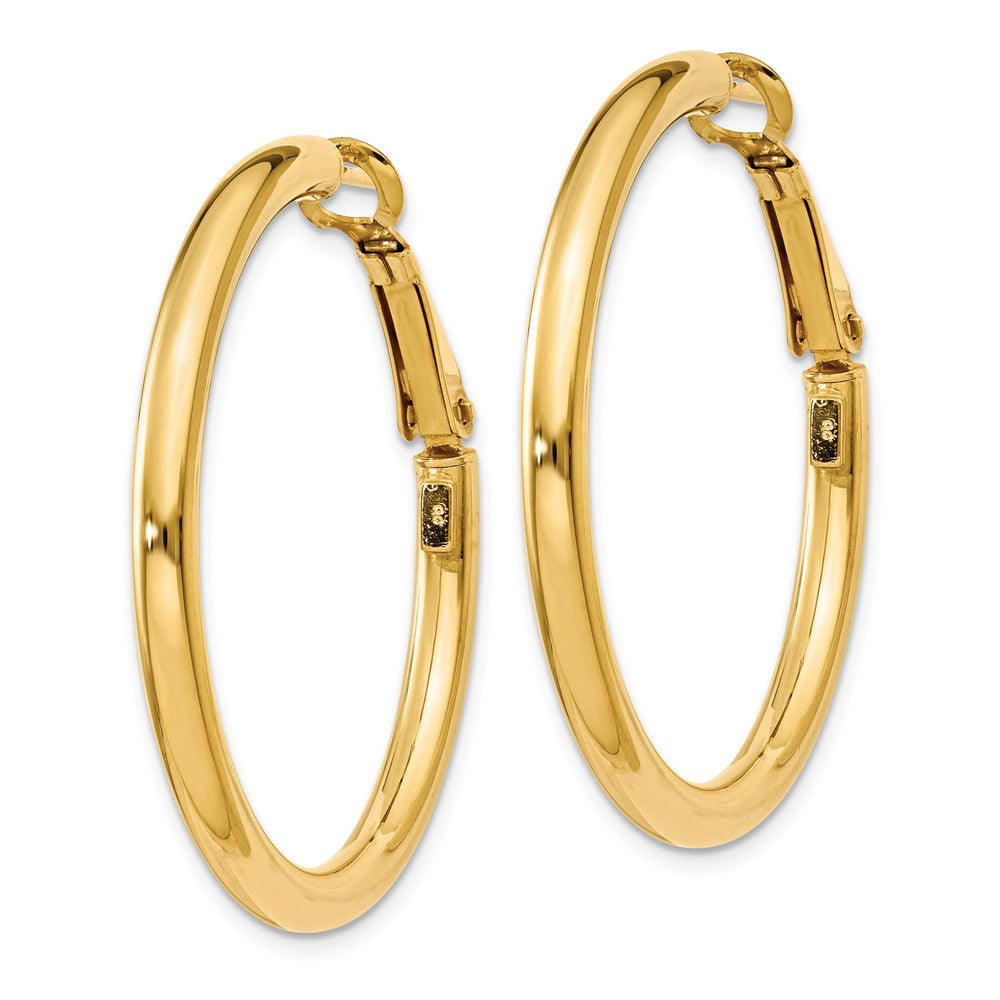 Alternate view of the 3mm, 14k Yellow Gold Omega Back Round Hoop Earrings, 35mm (1 3/8 Inch) by The Black Bow Jewelry Co.