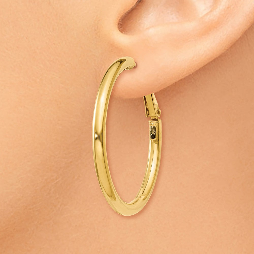 Alternate view of the 3mm, 14k Yellow Gold Omega Back Round Hoop Earrings, 35mm (1 3/8 Inch) by The Black Bow Jewelry Co.