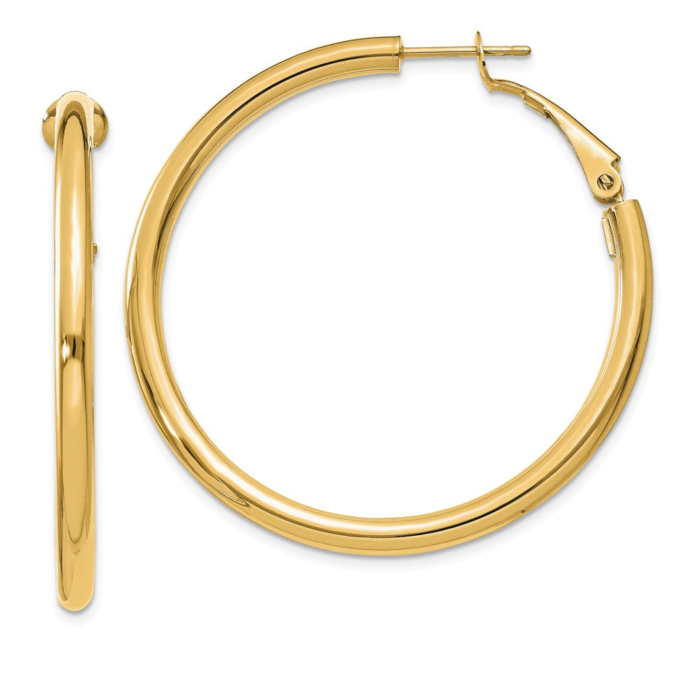 3mm, 14k Yellow Gold Omega Back Round Hoop Earrings, 40mm (1 1/2 Inch), Item E9915 by The Black Bow Jewelry Co.