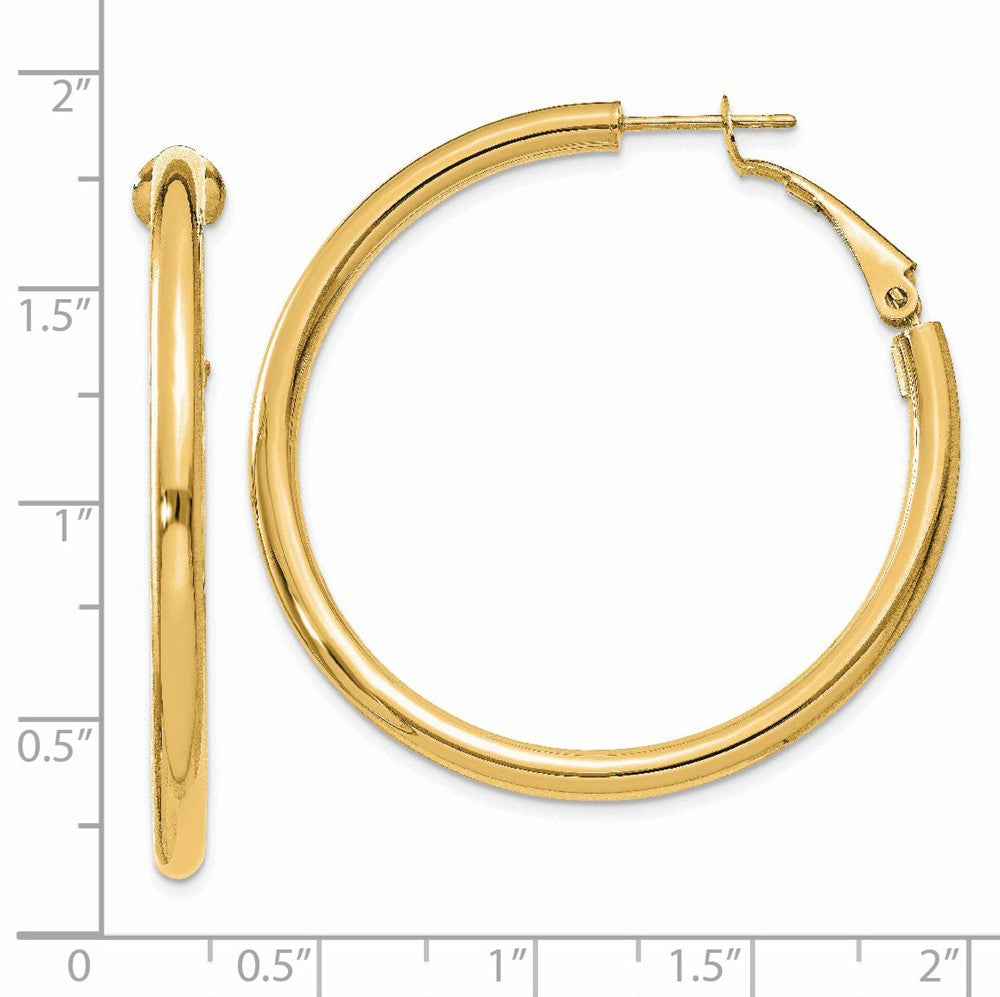 Alternate view of the 3mm, 14k Yellow Gold Omega Back Round Hoop Earrings, 40mm (1 1/2 Inch) by The Black Bow Jewelry Co.