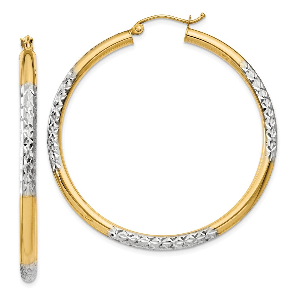 14k Gold and Rhodium Diamond Cut Round Hoop Earrings 45mm (1 3/4 Inch), Item E9925 by The Black Bow Jewelry Co.