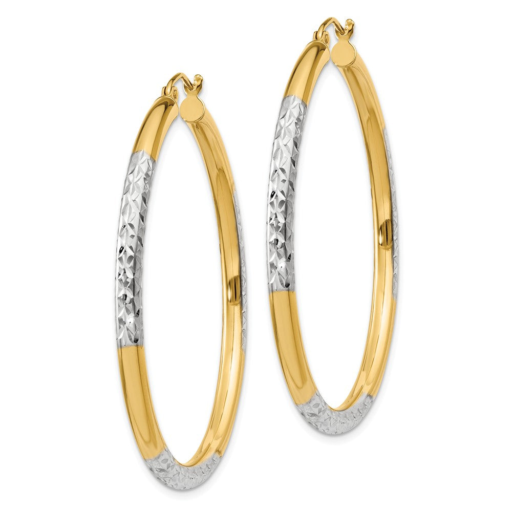 Alternate view of the 14k Gold and Rhodium Diamond Cut Round Hoop Earrings 45mm (1 3/4 Inch) by The Black Bow Jewelry Co.