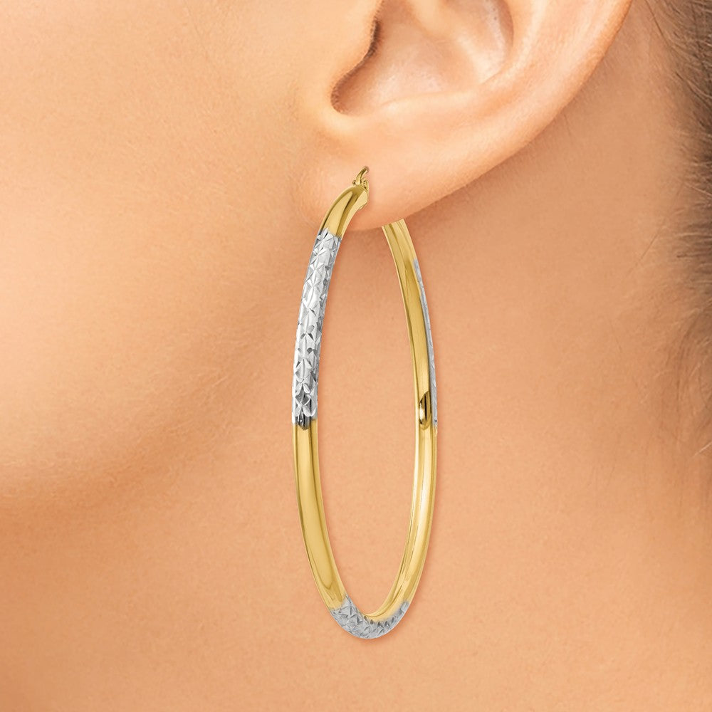 Alternate view of the 14k Gold and Rhodium Diamond Cut Round Hoop Earrings 55mm (2 1/8 Inch) by The Black Bow Jewelry Co.