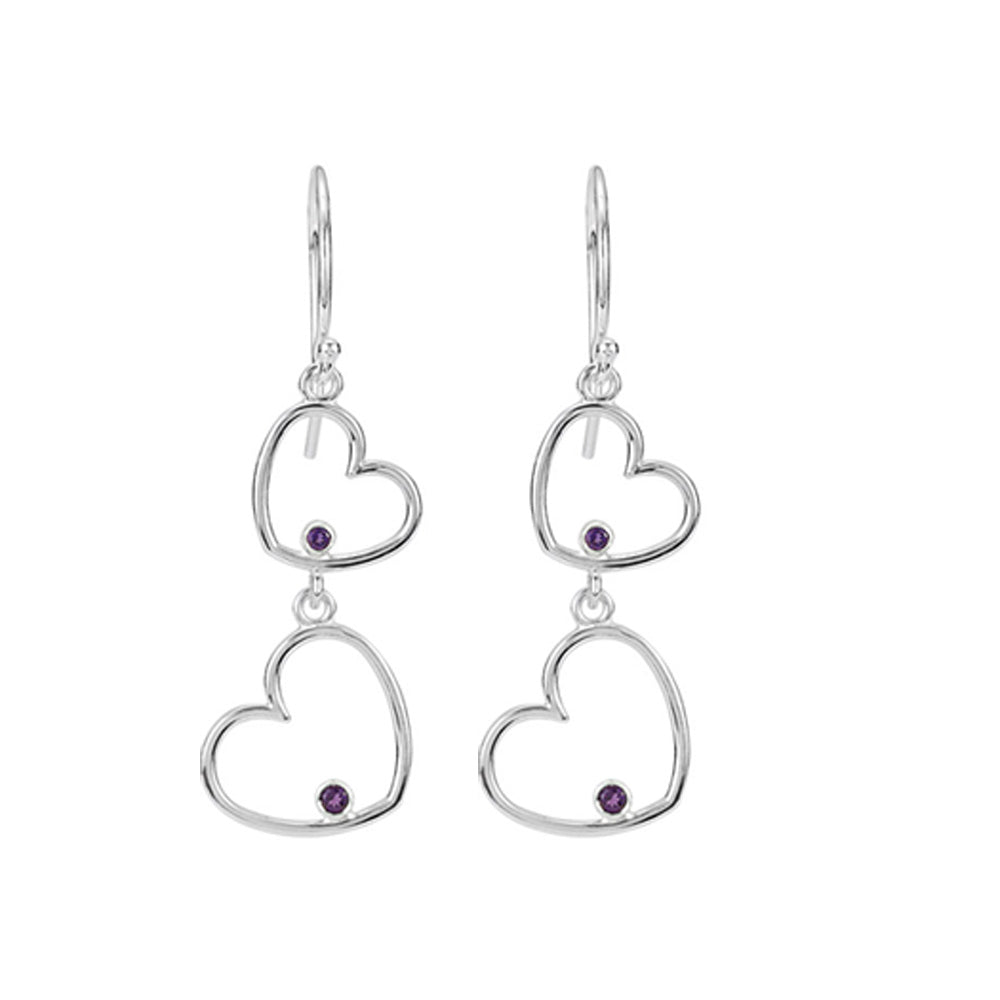 Double Heart Amethyst Dangle Earrings in Sterling Silver, Item E9928 by The Black Bow Jewelry Co.