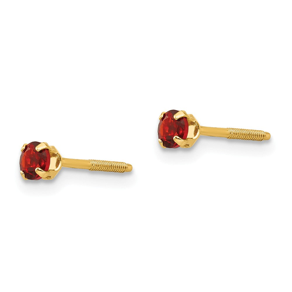Alternate view of the Kids 3mm Garnet Screw Back Stud Earrings in 14k Yellow Gold by The Black Bow Jewelry Co.