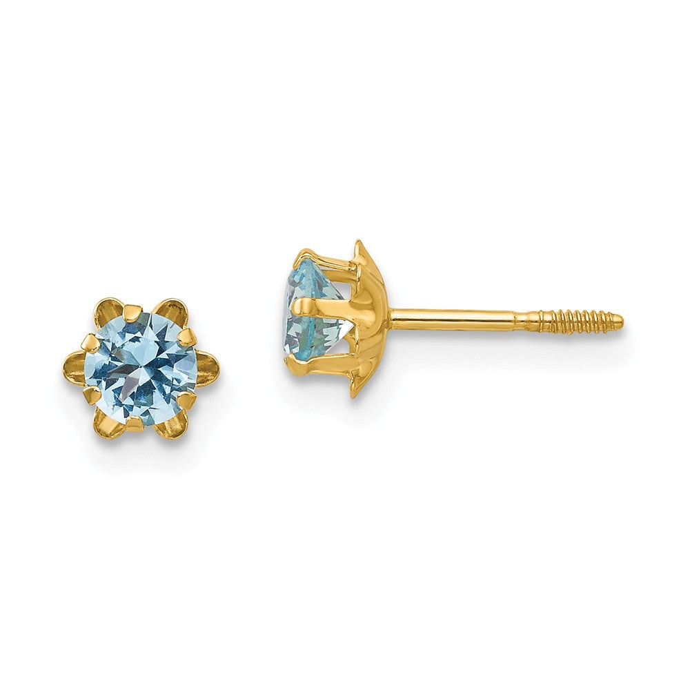 Kids 14k Yellow Gold 4mm Synthetic Aquamarine Screw Back Stud Earrings, Item E9998 by The Black Bow Jewelry Co.